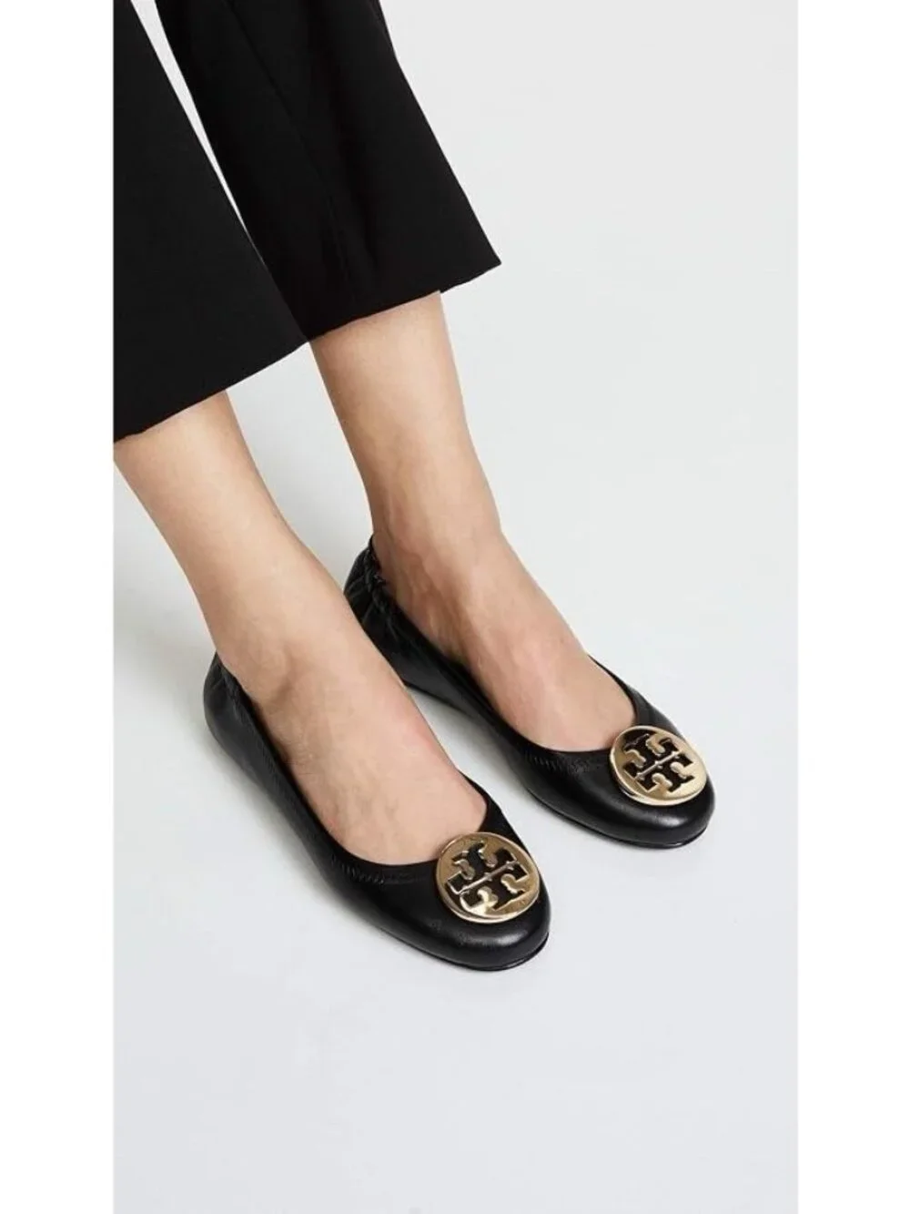 Tory Burch Black Leather Travel Ballet Flats Gold Logo 5.5 M